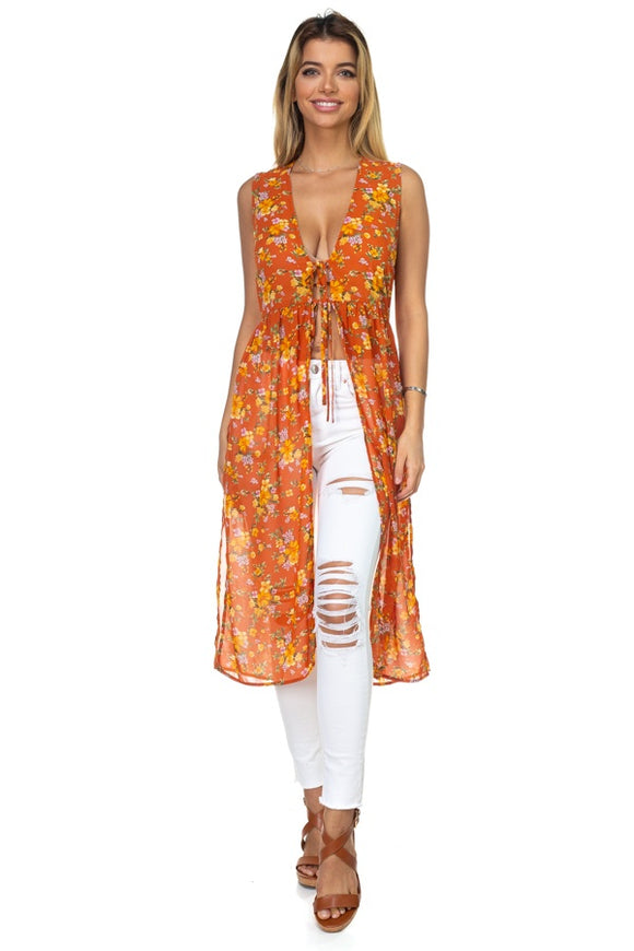 Floral Ditsy Print Sheer Vest Duster