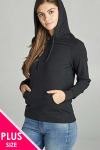 Long Sleeve Pullover French Terry Hoodie Top W/ Kangaroo Pocket