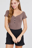 Short Sleeve Off The Shoulder Button Down Heavy Rib Rayon Spandex Knit Bodysuit