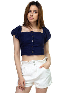 Button Down Puff Sleeve Crop Top