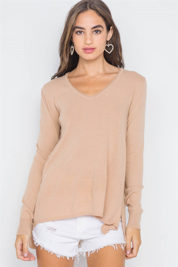 Knit V-neck Casual Solid Long Sleeve Sweater