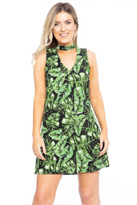 Hawaiian Leaf Print, Sleeveless, A-line Dress