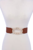 Circle Metal Buckle Pu Leather Elastic Belt