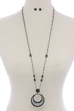 Cut Out Circle Rhinestone Pendant Beaded Long Necklace