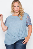 Plus Size Blue Short Lace Sleeves Knit Top