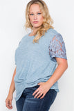 Plus Size Blue Short Lace Sleeves Knit Top