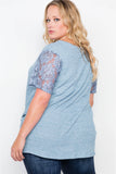 Plus Size Blue Short Lace Sleeves Knit Top