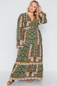 Plus Size Multi Print V-neck Long Sleeve Maxi Dress