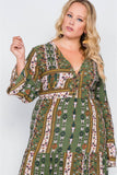 Plus Size Multi Print V-neck Long Sleeve Maxi Dress