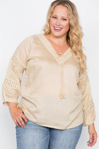 Plus Size Crochet Trim V-neck Boho Top