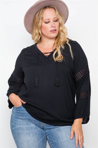 Plus Size Crochet Trim V-neck Boho Top