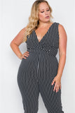 Plus Size Black Stripe V-neck Bodycon Jumpsuit