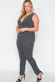 Plus Size Black Stripe V-neck Bodycon Jumpsuit