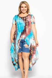 Tie Dye Crew Neck Line Short Sleeves Casual High Low Top