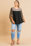 Sheer Floral Mixed Print Dolmen Sleeve Waffle Knit Yoke Knit Top