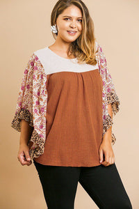 Sheer Floral Mixed Print Dolmen Sleeve Waffle Knit Yoke Knit Top