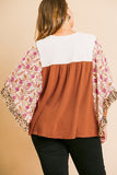 Sheer Floral Mixed Print Dolmen Sleeve Waffle Knit Yoke Knit Top