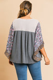 Sheer Floral Mixed Print Dolmen Sleeve Waffle Knit Yoke Knit Top