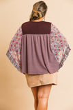 Sheer Floral Mixed Print Dolmen Sleeve Waffle Knit Yoke Knit Top