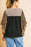 Sheer Floral Mixed Print Dolmen Sleeve Waffle Knit Yoke Knit Top