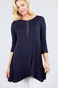 3/4 Sleeve Button Placket Rayon Spandex Top