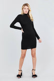 Long Sleeve W/button Detail High Neck Knit Mini Dress