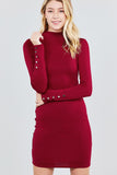 Long Sleeve W/button Detail High Neck Knit Mini Dress