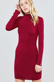 Long Sleeve W/button Detail High Neck Knit Mini Dress