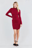 Long Sleeve W/button Detail High Neck Knit Mini Dress