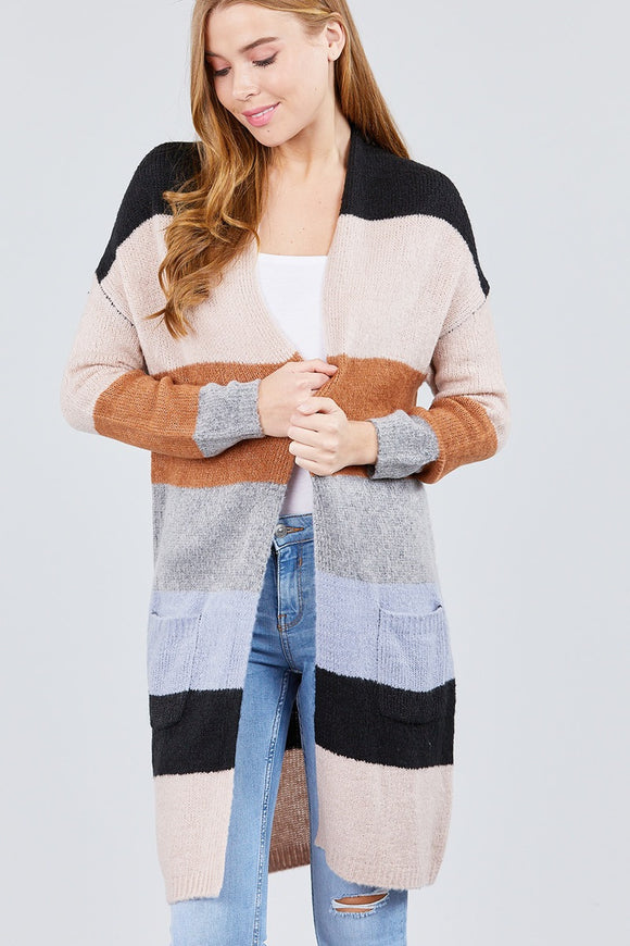 Long Sleeve Open Front W/pocket Color Block Cardigan