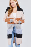 Long Sleeve Open Front W/pocket Color Block Cardigan