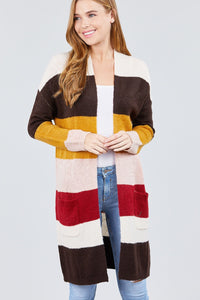 Long Sleeve Open Front W/pocket Color Block Cardigan