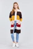 Long Sleeve Open Front W/pocket Color Block Cardigan