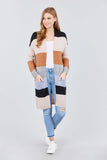 Long Sleeve Open Front W/pocket Color Block Cardigan