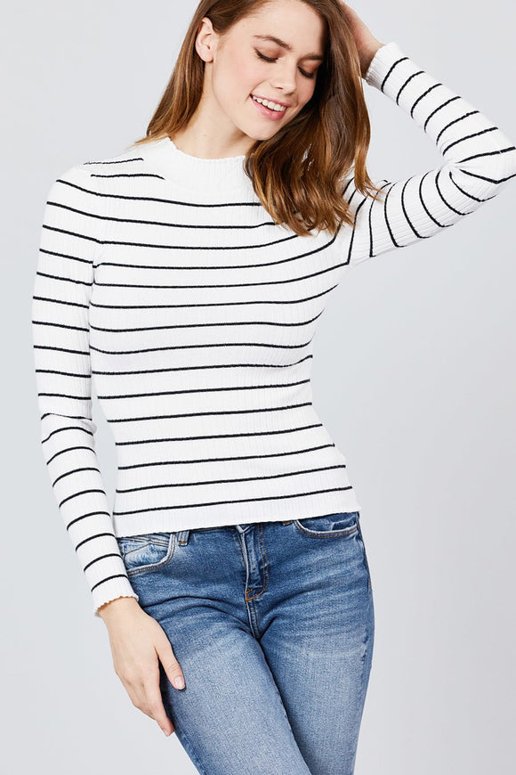 Long Sleeve Mock Neck Stripe Rib Sweater Top