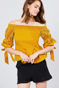 Bubble Sleeve W/bow Tie Off The Shoulder W/crochet Lace Cotton Woven Top