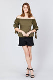 Bubble Sleeve W/bow Tie Off The Shoulder W/crochet Lace Cotton Woven Top