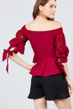 Bubble Sleeve W/bow Tie Off The Shoulder W/crochet Lace Cotton Woven Top