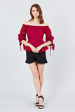 Bubble Sleeve W/bow Tie Off The Shoulder W/crochet Lace Cotton Woven Top