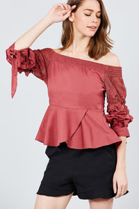 Bubble Sleeve W/bow Tie Off The Shoulder W/crochet Lace Cotton Woven Top