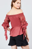 Bubble Sleeve W/bow Tie Off The Shoulder W/crochet Lace Cotton Woven Top