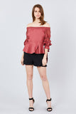 Bubble Sleeve W/bow Tie Off The Shoulder W/crochet Lace Cotton Woven Top