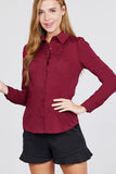 Long Sleeve Princess Line One Side Pocket Button Down Woven Shirts