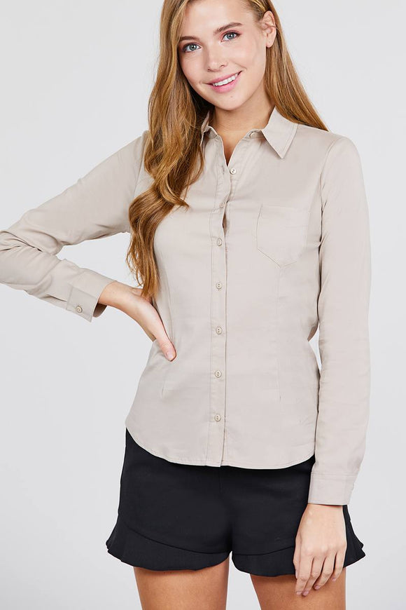 Long Sleeve Princess Line One Side Pocket Button Down Woven Shirts