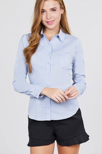 Long Sleeve Princess Line One Side Pocket Button Down Woven Shirts