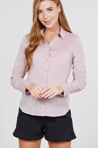 Long Sleeve Princess Line One Side Pocket Button Down Woven Shirts