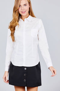 Long Sleeve Princess Line One Side Pocket Button Down Woven Shirts