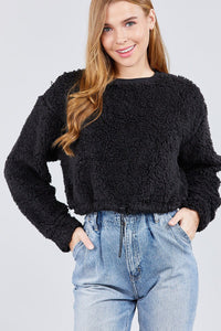 Long Dolman Sleeve Round Neck Toggle Elastic Hem Faux Fur Top