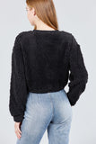 Long Dolman Sleeve Round Neck Toggle Elastic Hem Faux Fur Top