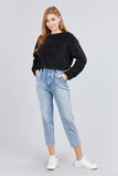 Long Dolman Sleeve Round Neck Toggle Elastic Hem Faux Fur Top